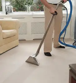 Professional carpet cleaner using a hot-water extraction wand and hose machine in a living room in Honolulu, HI.