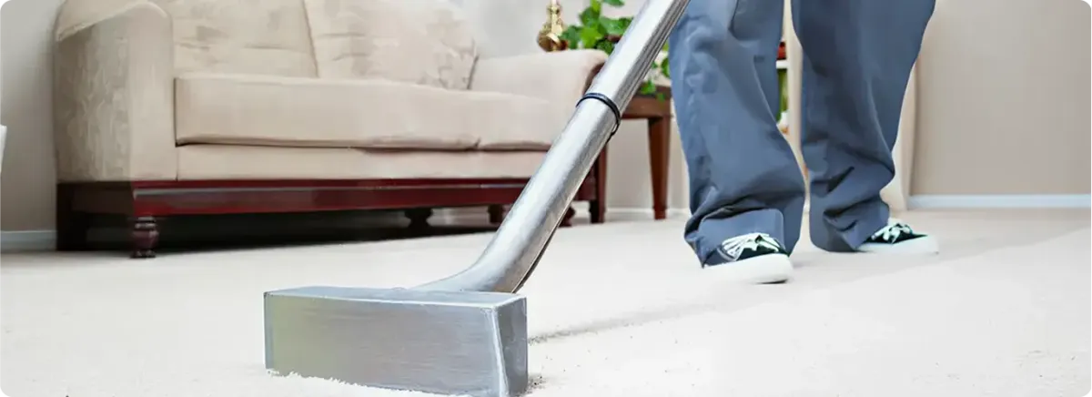 Carpet cleaning technician using a hot-water extraction wand on a light-colored carpet in a living room, Honolulu, HI.
