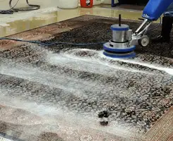 Professional rug cleaning with a rotary floor machine and shampoo foam, deep-cleaning an area rug, in Honolulu, HI.